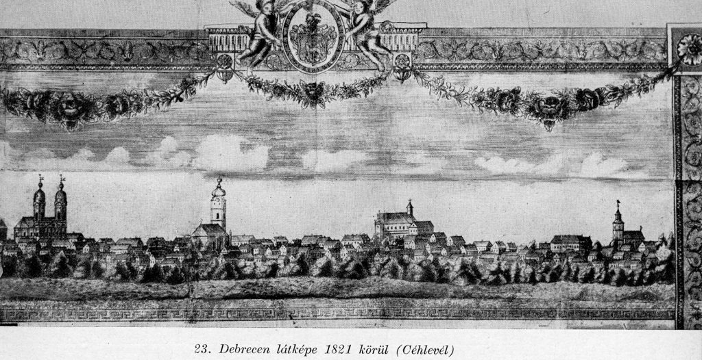 Debrecen látképe 1821 küröl egy Céhlevélen